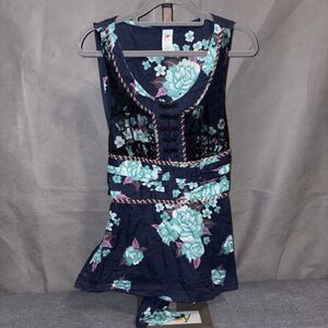 Free People Blue Floral Tank Tunic Ties on Back Sleeveless Top Boho Peasant 4